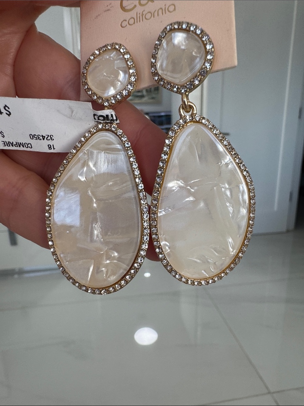 C &C California Gold-Tone mother-of-pearl cream color drop Earrings. 2.8” long